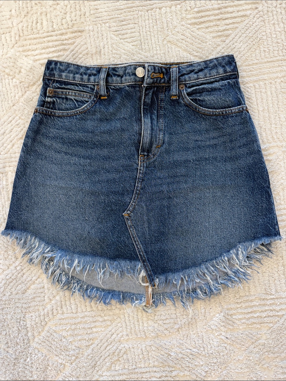 Free People Denim Mini Skirt with Raw Hem - Dark Blue